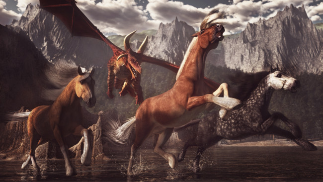 Обои картинки фото 3д графика, животные , animals, горы, лошади, дракон