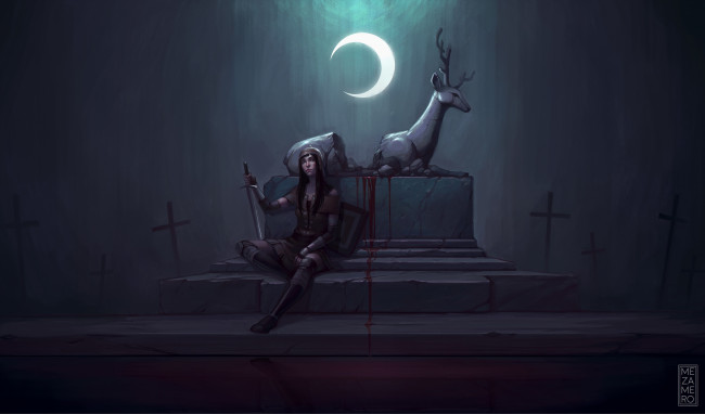 Обои картинки фото фэнтези, девушки, девушка, алтарь, меч, луна, жертвоприношение, олень, арт
