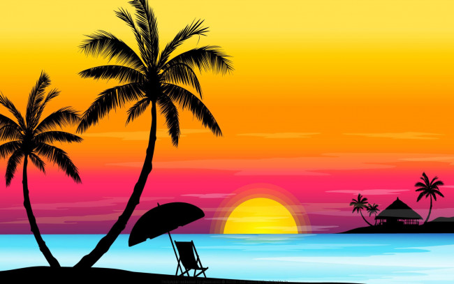 Обои картинки фото векторная графика, природа , nature, зонтик, вечер, закат, пляж, шезлонг, море, тропики, солнце, пальмы, бунгало