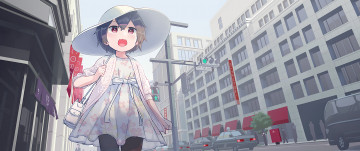 Картинка аниме город +улицы +здания машины девочка