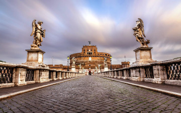 Картинка замок+святого+ангела +рим города рим +ватикан+ италия статуи мост тучи здание