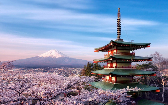 Обои картинки фото города, - буддийские и другие храмы, небо, цветение, пагода, весна, фудзияма, сад, гора