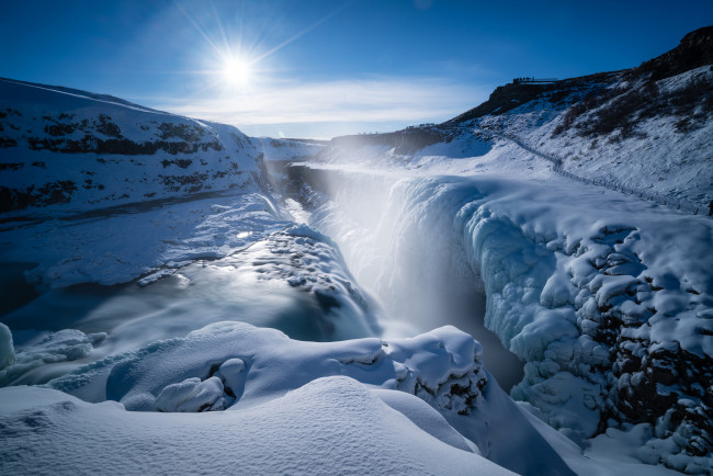 Обои картинки фото природа, горы, водопад, исландия, iceland, зима, гюдльфосс, gullfoss