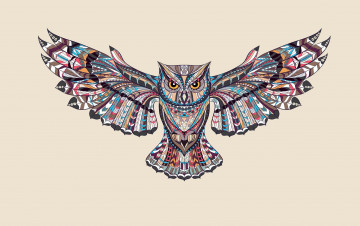 обоя векторная графика, животные , animals, светлый, фон, сова, птица, крылья, owl, краски