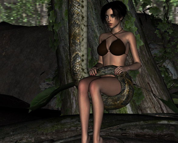 Обои картинки фото 3д графика, фантазия , fantasy, змея, девушка, взгляд, фон