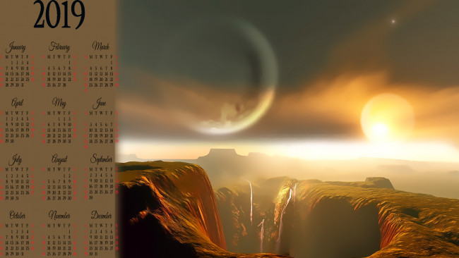 Обои картинки фото календари, 3д-графика, водопад, calendar, каньон, планета