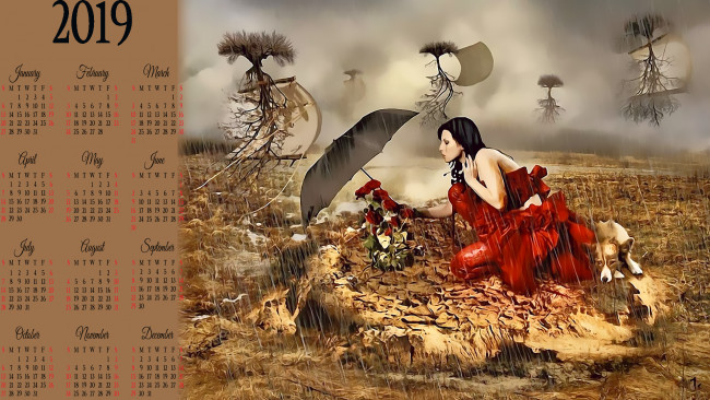 Обои картинки фото календари, фэнтези, calendar, животное, зонт, собака, девушка