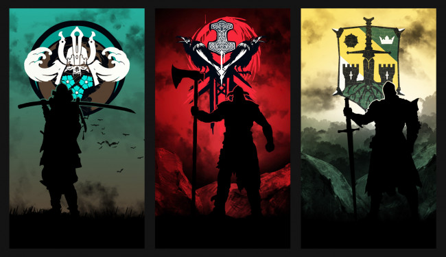 Обои картинки фото видео игры, for honor, самурай, викинг, рыцарь, эмблемы, силуэты