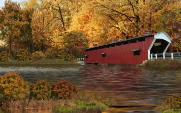 Картинка covered bridge in autumn города мосты деревья желтая листва мост