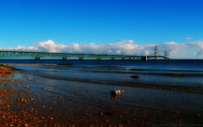 Обои картинки фото mackinac, bridge, 2010, города, мосты, мост, море, пляж