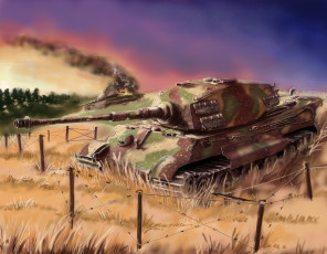 Картинка рисованные армия танк бой поле колючая проволока