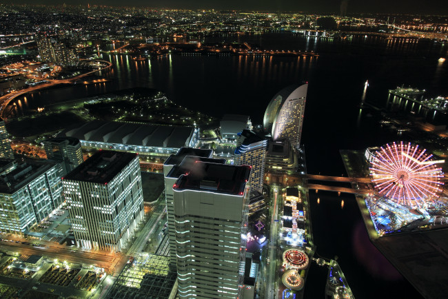 Обои картинки фото yokohama, Япония, города, йокогама, огни, река, дома, ночь