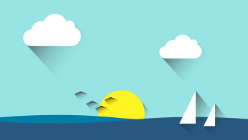 Картинка векторная+графика природа пейзаж парус море солнце птицы небо облака