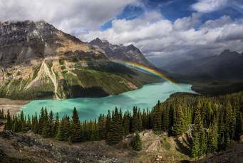 обоя природа, радуга, канада, озеро, лес, деревья, горы