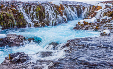 Картинка природа водопады исландия горы скалы снег водопад поток река