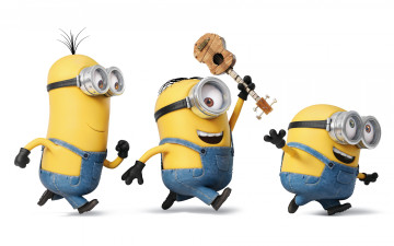 Картинка мультфильмы minions миньоны мультфильм персонажи трое желтые очки перчатки комбинезоны гитара бегут радость настроение белый фон