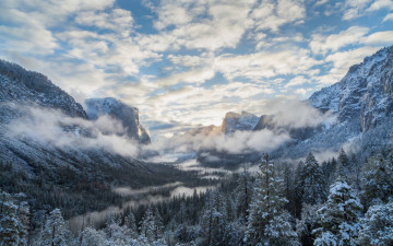 Картинка природа восходы закаты облака зима лес горы долина калифорния сьерра-невада sierra nevada california йосемити национальный парк yosemite national park