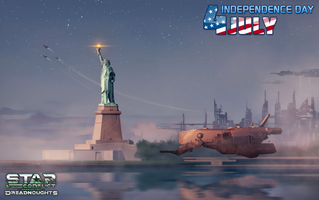Обои картинки фото видео игры, - star conflict,  dreadnoughts, статуя, нью, йорк, дома, руины, небо, звезды