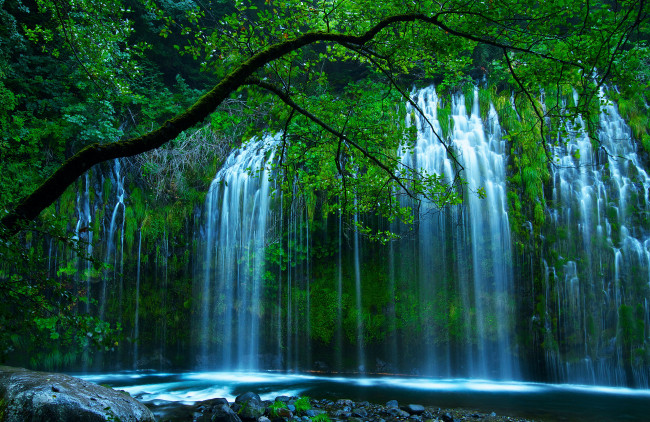 Обои картинки фото природа, водопады, камни, зелень, деревья, лес, водопад