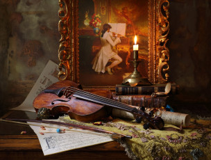 обоя музыка, -музыкальные инструменты, портрет, часы, свеча, скрипка