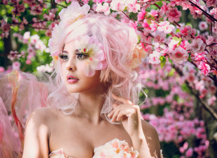Картинка девушки -unsort+ лица +портреты стиль цветение розовые волосы макияж девушка сакура ветки азиатка