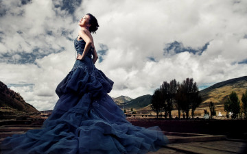 Картинка девушки -unsort+ азиатки платье горы небо облака