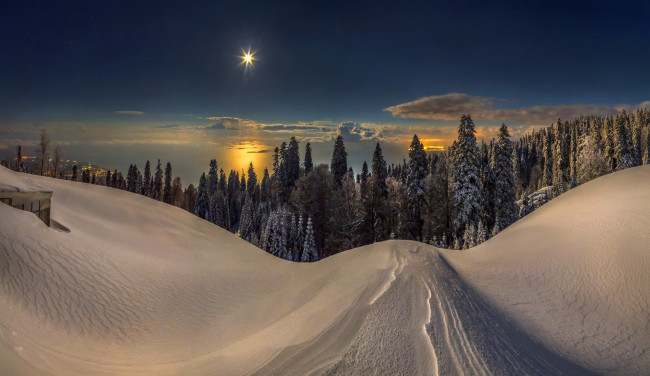 Обои картинки фото природа, зима, снег, горы, закат