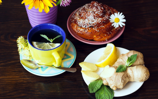 Обои картинки фото еда, напитки,  Чай, мята, имбирь, лимон