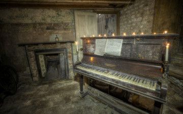 обоя музыка, -музыкальные инструменты, камин, помещение, пианино, ноты, свеча