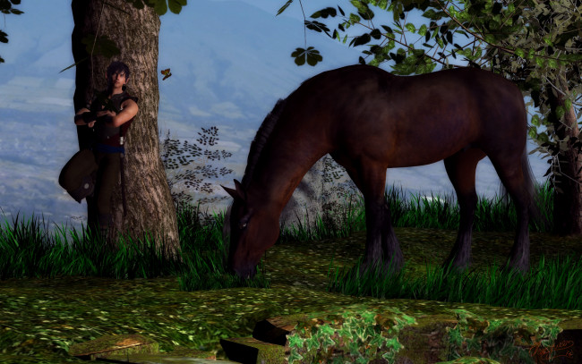 Обои картинки фото 3д графика, люди и животные , people and animals, мужчина, фон, взгляд, лошадь