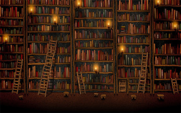Картинка рисованное vladstudio библиотека книги шкафы лестницы свечи табуретки