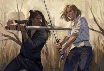 Картинка рисованное люди мужчина женщина мечи бой