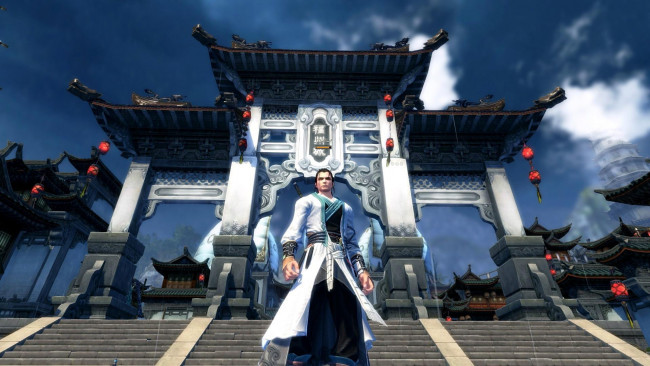 Обои картинки фото видео игры, swordsman, мужчина, ступени, арка, город