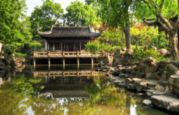 Картинка парк юйян шанхай китай природа деревья пруд пагода камни