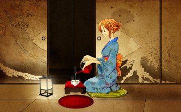 Картинка аниме one piece девушка чашка чайник nami