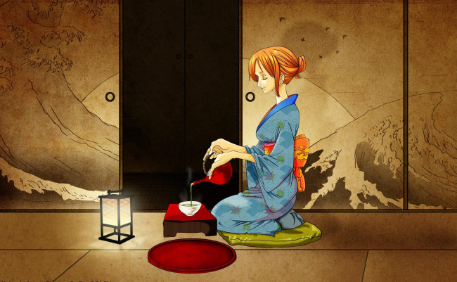 Обои картинки фото аниме, one, piece, девушка, чашка, чайник, nami