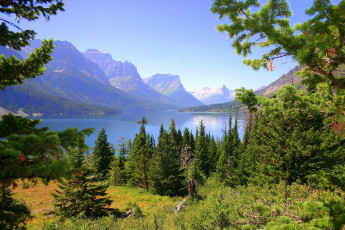 Картинка st mary lake glacier national park природа реки озера горы пейзаж озеро деревья
