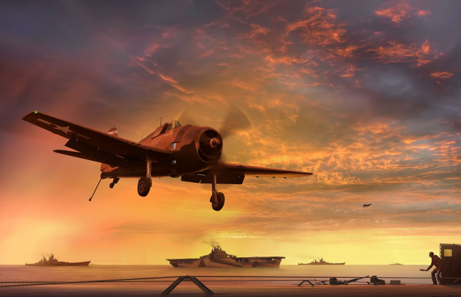 Обои картинки фото david mccampbell`s f6f-5, авиация, 3д, рисованые, v-graphic, рисунок, самолет, небо