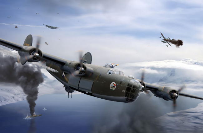 Обои картинки фото consolidated b-24d, авиация, 3д, рисованые, v-graphic, рисунок, самолет, небо