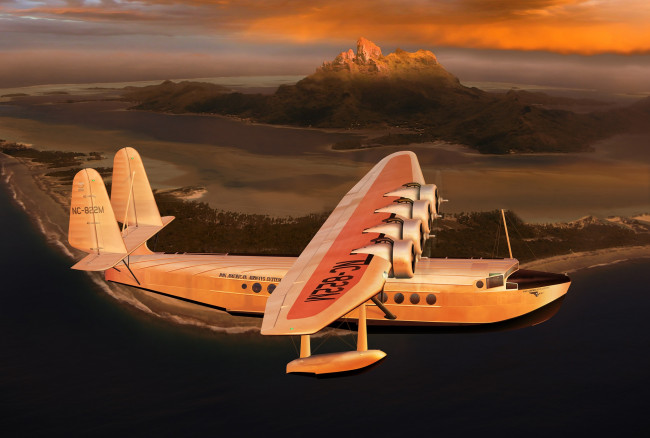 Обои картинки фото sikorsky s-42 pan american clipper, авиация, 3д, рисованые, v-graphic, небо, рисунок, самолет