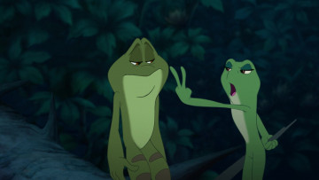 обоя мультфильмы, the princess and the frog, растение, лягушка, двое