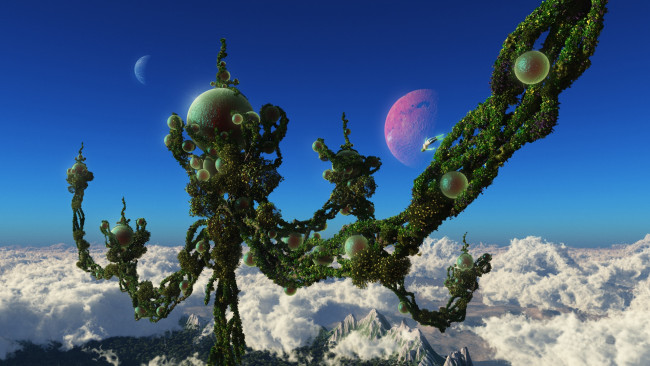 Обои картинки фото 3д графика, фантазия , fantasy, облака, небо, сфера, планета, растение, рендеринг, фантазия, мир, горы
