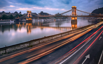 обоя города, будапешт , венгрия, река, дунай, панорама, мост, вечер, огни
