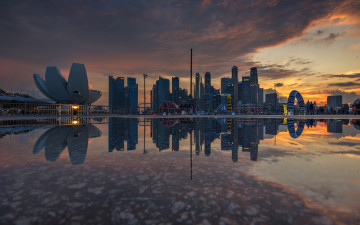 обоя города, сингапур , сингапур, cингапур, вечер, закат, небоскребы, панорама, современная, архитектура, городской, вид