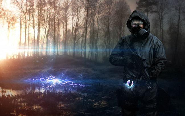 Обои картинки фото видео игры, сталкер, противогаз, оружие, лес, аномалия, электра