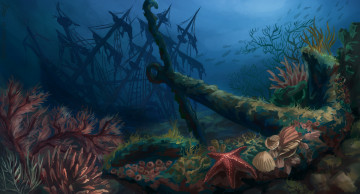 обоя рисованное, - другое, море, корабль, дно, якорь, ракушки, водоросли