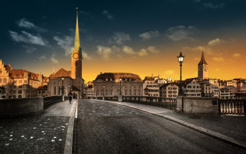 Картинка города цюрих+ швейцария вечер мост фонарь