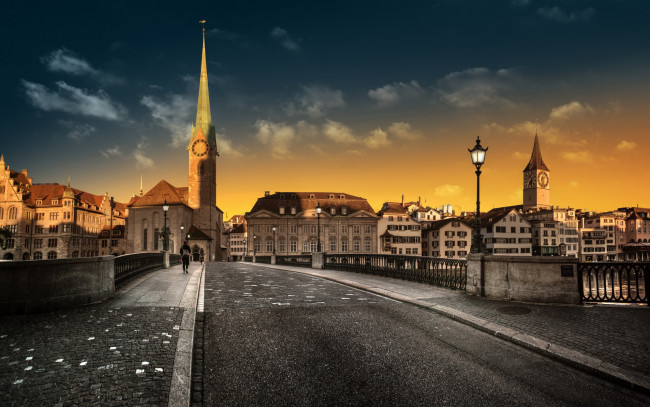Обои картинки фото города, цюрих , швейцария, вечер, мост, фонарь