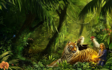 обоя фэнтези, другое, тигр, девочка, сова, джунгли