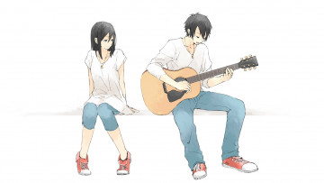 Картинка аниме -headphones+&+instrumental гитара девушка парень арт белый фон